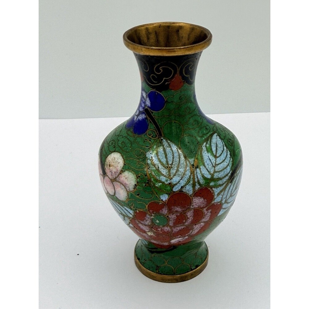 Vintage Antique Signed CHINA Cloisonne Enamel on Brass Vase Flowers 4